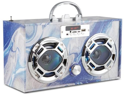Wireless Express - Portable Party Speaker: Retro Boombox with Bluetooth, LED Light Show, Enhanced FM Radio, Rechargeable Battery (Blue Swirl)