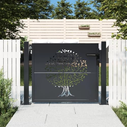 Brokky Garden Gate Anthracite 105x80 cm Steel Tree Design,Metal Garden Gates,Outdoor Fence Gate Galvanised Swing Gates Suit Garden Patio Or Terrace