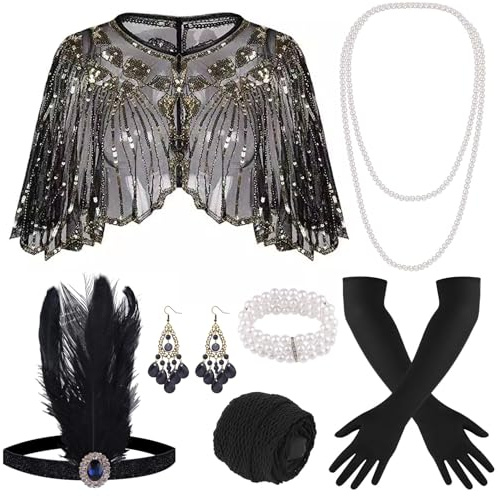 ELFIN 9-teiliges 1920er Flapper Great Gatsby Accessoires-Set Fashion Roaring 20's Theme Set mit Stirnband, Kopfbedeckung, langen schwarzen Handschuhen, Halskette