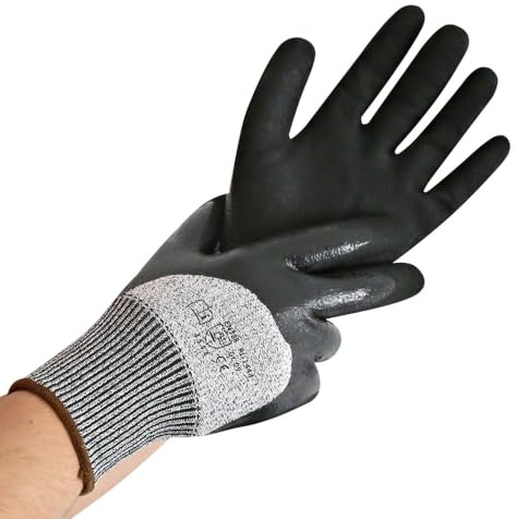 FRANZ MENSCH 24 Stück Schnittschutzhandschuhe Cut Double Dipped, Packung, grau-schwarz, 9/L, L: 25cm, Schnittschutzhandschuhe, Baustellehandschuhe, Schnittfeste Handschuhe