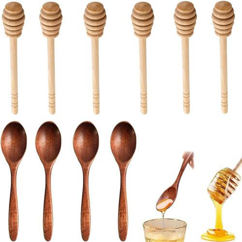10 Piece Set Honey Spoon,Include 4pcs Honey Dipper and 6pcs Honey Stick, Natural Small Wooden Spoons,Rugged Honey Spoon Wooden, for Stirring Honey Tea, Coffee Jam, Suitable for Home Kitchens, Etc