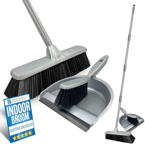 Indoor Broom with Dustpan and Brush Set for Cleaning Laminate, Tile, Wood, Vinyl Flooring - 4pc Durable, Long Handle, No Bending, Rubber Lip Dust Pan and Brush