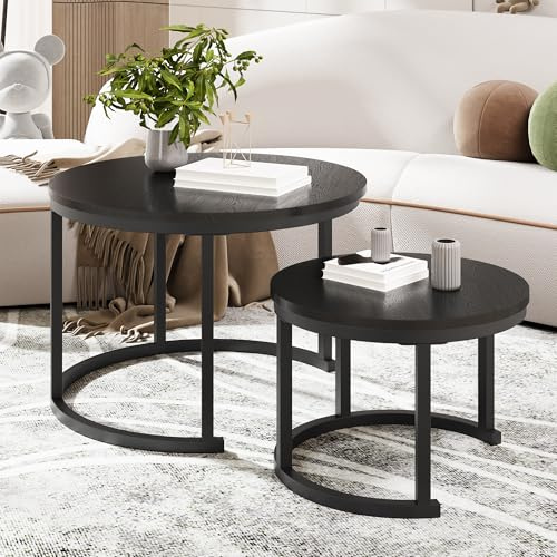 HOMERECOMMEND Couchtisch Rund,Satztisch 2er Set,Couchtisch aus Holz,Schwarz | Wohnzimmertisch Modern,Beistelltisch Set mit Metallgestell für Wohnzimmer Balkon