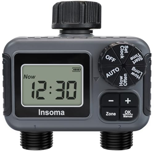 Insoma 2-Zone Sprinkler Timer, Programmable Garden Hose Timer with Auto/Manual/Rain Delay Modes | Water-Saving Irrigation Controller for Lawn, Yard & Drip Systems | Waterproof Design & Easy Setup
