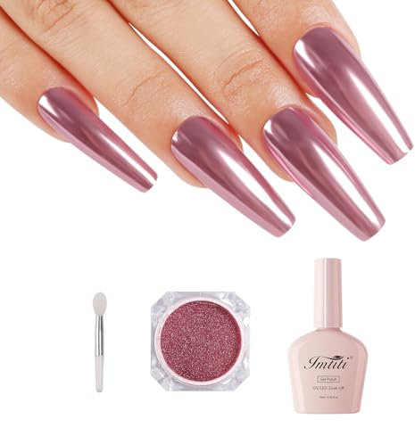 Imtiti Weißer Gel-Nagellack mit Chrom-Metall-Nagelpulver Set, 10 ml weißer Gellack und 1 g roségold-metallisches Spiegel-Effekt Schimmer-Nagelpulver für UV-Kunst-DIY-Kit