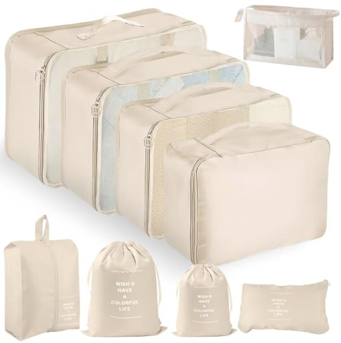 YAMAIDUO Organisateur Valise, Lot de 9 Rangement Valise, Imperméables Packing Cubes Résistant à la Déchirure, Pochette Voyage pour Vêtements Sous-vêtements Chaussures Cosmétiques, Beige