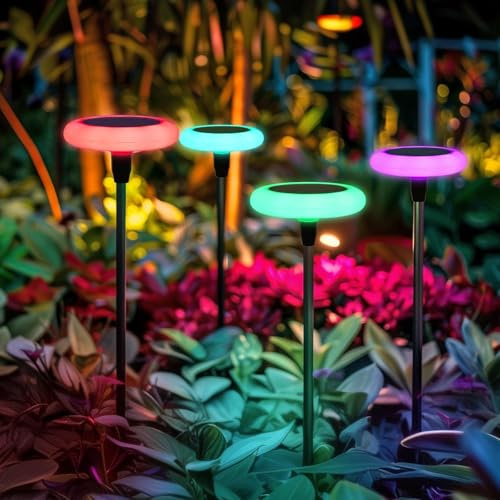 Carastek Luces Solares LED Exterior Jardin 4 Piezas luces solares exteriores Impermeable IP65 Lámparas Solares Extra Brillantes de 34 lúmenes para Patio Césped Pasillo Terraza Paisajes Caminos (RGB)
