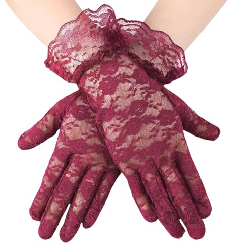 Genérico Guantes de Encaje Mujer Guantes Cortos de Encaje Floral 1920s Opera Gloves Guantes de Novia para Boda, Fiesta de Té, ópera, Noche, Disfraces de Carnaval (Burdeos, One size)