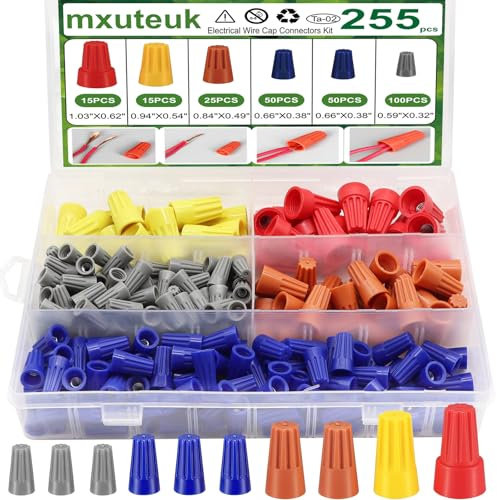 mxuteuk 255PCS Electrical Wire Caps Wire Connectors Nuts Kit, 22-10AWG Insulating Insert Twist Wire Connectors with Spring, Screw on Terminals Assortment Set Quick Connection