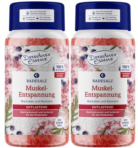 Dresdner Essenz Badesalz Muskel-Entspannung 2 x 600g-Dose| durchwärmt und lockert die Muskulatur mit ätherischen Ölen und magnesiumhaltigem Epsom Salz | Badekristalle (Wacholder, Rosmarin, Minze)
