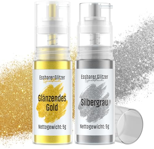 Essbarer Glitzer Spray Gold & Silbergrau, Wwtop 2 Farben set Lebensmittel Glitzer für Getränke Puder Essbar für Backen, Erdbeeren, Cupcakes, Kuchen, Fondant, Cocktails, Schokolade (5g)