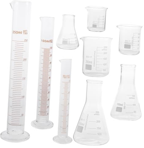 SOIMISS 9Pcs Glass Laboratory Graduated Measuring Cup Conical Flask Beaker Borosilicate Glassware for Accurate Measurement Experiments