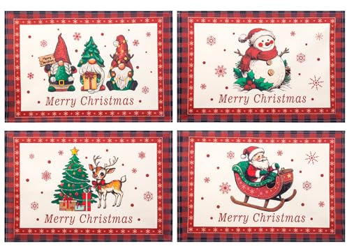 Hretvoi Platzset Weihnachten, Tischset Weihnachten Abwaschbar, Platzdeckchen Winter 30x45cm, Rot Grün Weihnachtsmotiv Platzsets 4er Set, Tischsets Weihnachts Stoff Genutzt für Tischdeko(Karikatur)