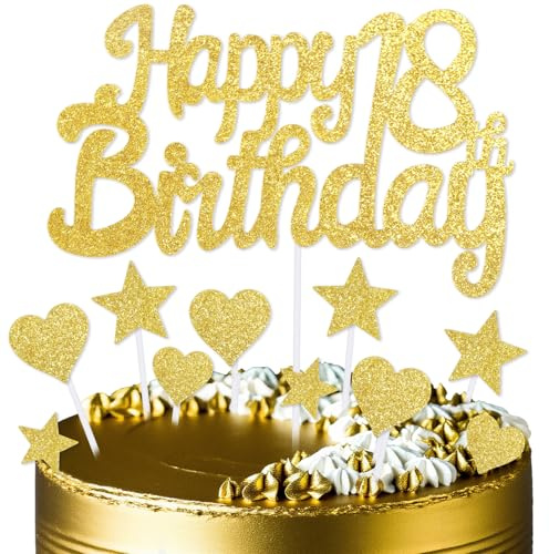 mciskin Gold 18th Birthday Cake Toppers,18th Birthday Decorations for Boys Girls,Gold Cake Decorations,Personalised Cupcake Toppers with Heart Star for Girl Boy Women Men Birthday Party Supplies