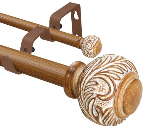 BHSRODS 1 Faux Wood Double Curtain Rod with Valance Rod Set,48-84