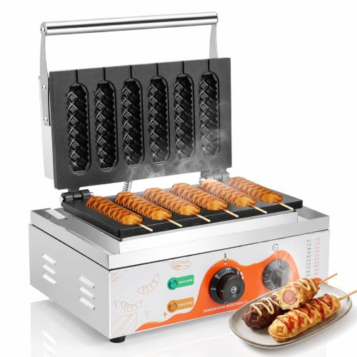 Moongiantgo 6 Pièces Machine à Gaufres en Acier Inoxydable 220V 1550W | Machine à Gaufres Anti-adhésif Minuterie de Température Ajustable 50-300°C de plus de 10 Heures pour Corn Dogs Commerciale