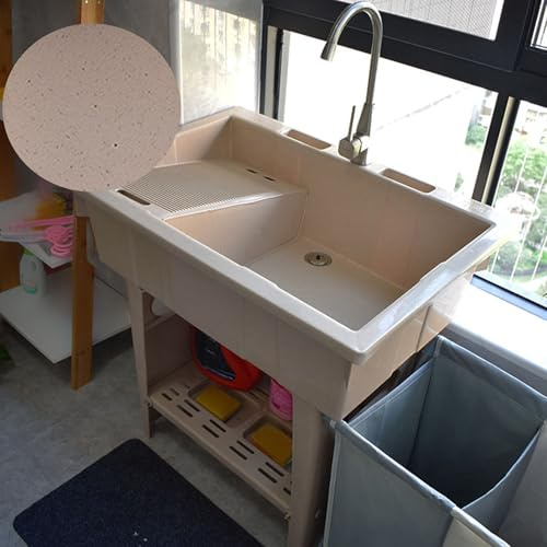 Stazione di lavaggio a mano portatile per esterni, lavello da cucina in plastica autoportante con rubinetto dell'acqua calda e fredda in marmo marrone, vasca per campeggio, giardino, garage e cortile