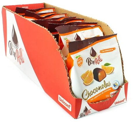 Bon Roll Choconola Uniconf – Snack de Chocolate con Relleno de Frutas – Surtido de Sabores (Fresa, Naranja y Arándano) – Estuche 12 Bolsas de 72 g (Naranja)