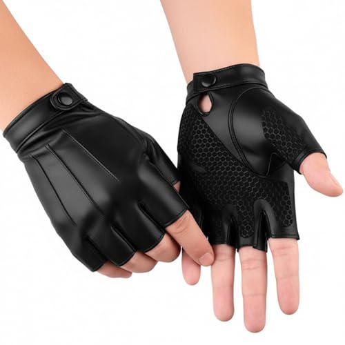 Nhgkju Unisex Fingerlose PU-Lederhandschuhe (Nur Größe M) - Schwarze Halbfingerhandschuhe für Männer & Frauen, Atmungsaktive Autofahrer Handschuhe