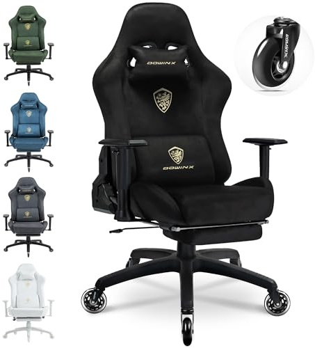 Dowinx Gaming Stuhl,Ergonomischer Wildlederimitat Gamer Chair,Gaming Sessel,Verstellbar Fußstütze und 3D Armlehnen,200KG Tragkraft Bürostuhl mit Geräuschlose Rollen,Schreibtischstuhl,Schwarz