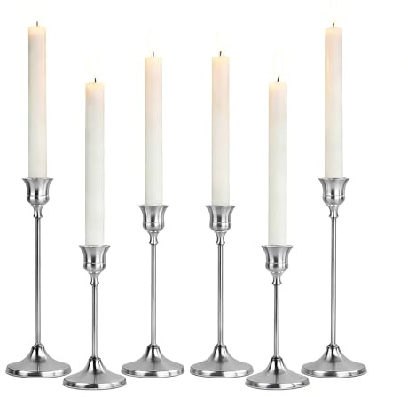 AUMAYCO Kerzenständer Silber 6 Set, Vintage Metall Silber Kerzenhalter, Elegante Dekorativer Hoch Stabkerzenhalter für Tischdekoration Hochzeit, Esstisch, Wohnkultur