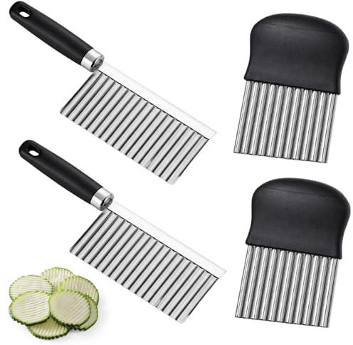 Wellenschneider Riffelmesser Wellenmesser, 4 Gemüseschneider mit Griffen, Ideal für Familienküche und Beikostzubereitung, Perfekt für Kartoffeln Gurken Obst, Mit zwei Hand- und zwei Standgriffen