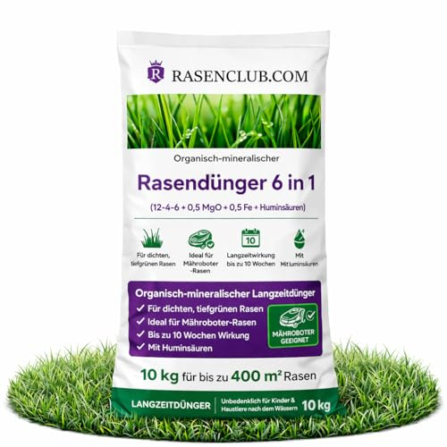 Rasenclub Rasendünger 6 in 1 – Organisch-mineralischer Langzeitdünger mit Huminsäuren – Sommerdünger & Herbstdünger – für dichten, sattgrünen Rasen – ideal für Mähroboter – 10 kg für bis zu 400 m²