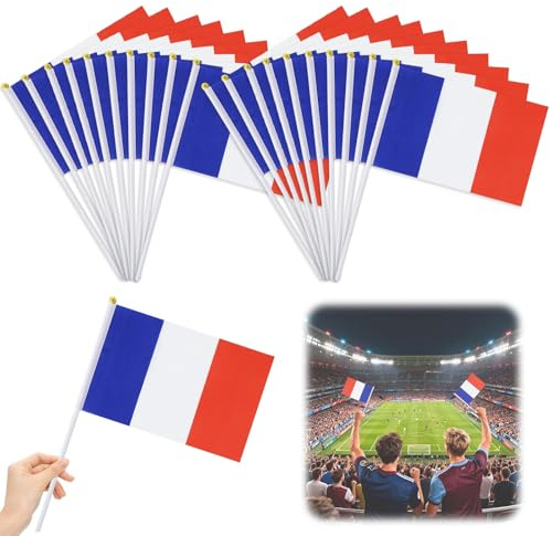 20 banderas de mano de Francia con mástil, de poliéster, 14 x 21 cm, ideales para eventos deportivos, fiestas nacionales y decoración de bares.