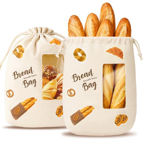 Stand Up Beeswax Bread Bag with Clear Window, Reusable Organic Cotton Food Storage with Food-Grade EVA View Window & Drawstring, Self-Standing Round Bottom Bakery Bag for Homemade Artisan Sourdough
