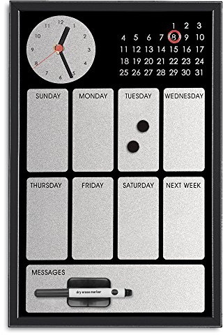 Bi-Office Easy Black Tableau à mémo Calendrier Hebdomadaire avec Horloge Argentée 30 x 45 cm Noir