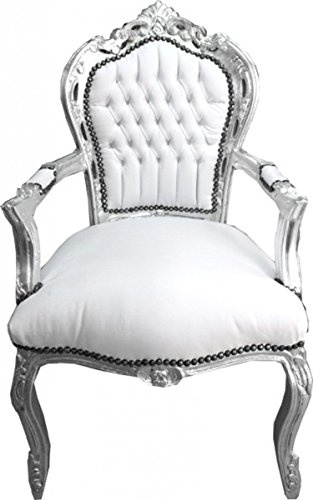 Casa Padrino Barock Esszimmer Stuhl mit Armlehnen Weiß/Silber Lederoptik - Möbel Antik Stil