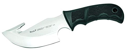 Muela Cuchillo GRIZZLY-12G hoja de acero MoVa de 12 cm y empuñadura de goma negra para Caza, Pesca, Supervivencia y Bushcraft Realizado en Ciudad Real + Portabotellas de regalo