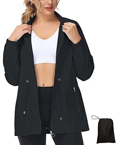 LVCBL Rain Jacket Women Waterproof With Lined Raincoat Casual Zipper Windbreaker With Hood Black M