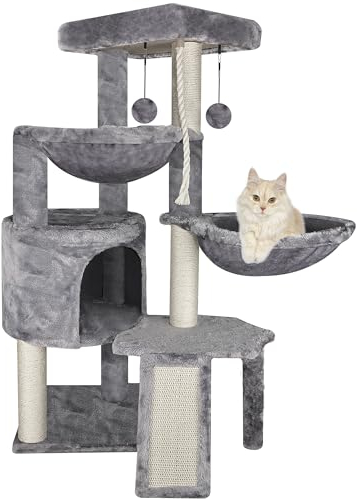 TINWEI Katzenbaum mit Katzenhütte und Zwei Hängematten, Grau