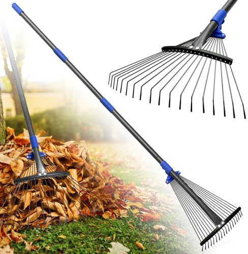 Rake for Leaves: Adjustable Metal Leaf Rake for Lawn, 8-17 Expandable Head, 45” Long Handle,Collapsible Heavy Duty Women Kids Garden Rakes for Yard Pine Needles Mulch Grass Debris Gardening Camping