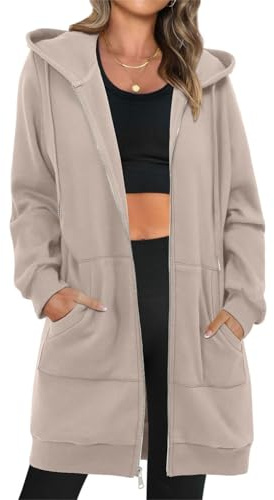 StunShow Women's Zip Up Hoodies Oversized Fleece Long Sleeve Sweatshirts Casual Fall Jacket Coat with Pocket Apricot L