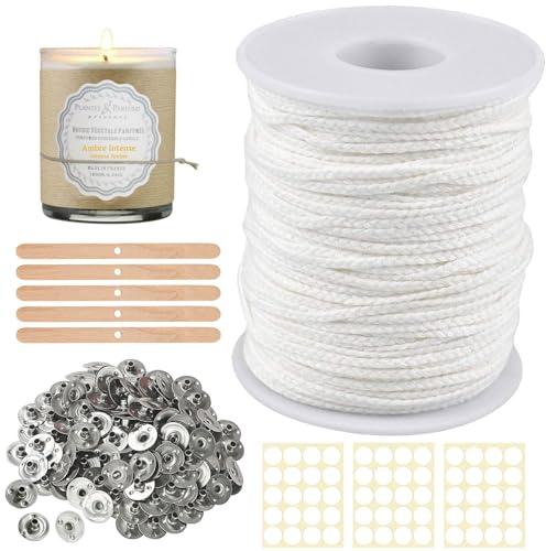 61m Kerzendochte für Kerzen, Kerzendocht Set, Rauchfrei Kerzendocht, Kerzen Docht Set, Cotton Candle Wick Kerzendocht mit 100 Stück Dochthalter für DIY Kerzenherstellung Weihnachten Aromatherapie