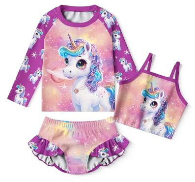 LQSZ Girls Rash Guard Sets Colorful Unicorn Long Sleeves Swimsuit 3 Pieces Tankini Bathing Suit Swimwear for Girls Beach Summer 5 6t