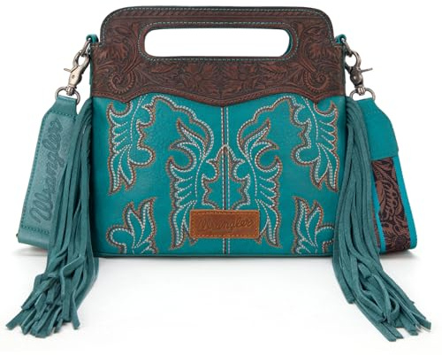 Wrangler Crossbody Bags for Women Western Fringe Top Handle Handbags Embroidered Boot Scroll Crossbody Bag, A-medium-turquoise, M