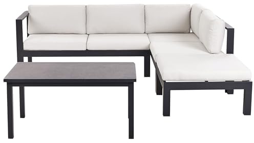 Beliani Lounge Set schwarz Aluminium Ecksofa mit Auflagen cremeweiß 1 Couchtisch Messina