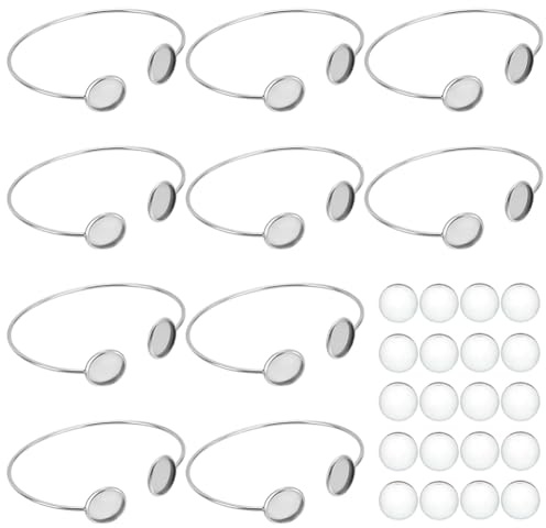 WEBEEDY 10 Sets Edelstahl Blank Lünette Armreif Einstellbar Runde offene Manschettenarmband Lünette Trays mit klaren Glas Cabochons für DIY Handwerk machen Schmuck finden und Zubehör, 12mm