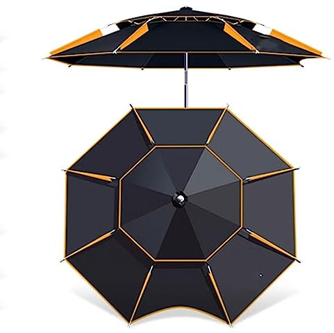 FLNOZAMZ Outdoor-Angelschirm, multidirektionaler regenfester, verdickter Angelschirm, 360-Grad-Universalverstellung, leichte Aufbewahrungstasche, für Strandterrasse (Black orange 2.2m)