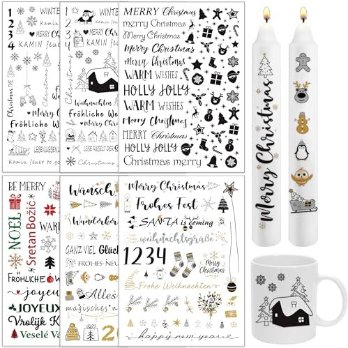 6 Bilder Kerzentattoos Weihnachten DIY, Rub on Sticker für Adventskerzen, Kerzen Tattoo Folie Wasserschiebefolie, Kerzensticker A4 Bogen für Keramik und Kerzen, Weihnachtsdekoration