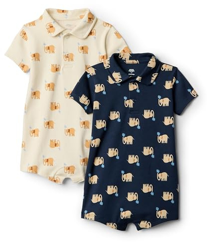 Amazon Essentials x Sofia Grainge Baby Boys' Short-Sleeve Cotton Polo Romper Suit, Pack of 2, Elephants, 6-9 Months