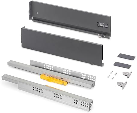 Emuca - Extern låda Vertex Push Sincro, 3D-reglering kök lådlöpare, H 131 mm, 40 kg, djup 500 mm, stål, antracit grå
