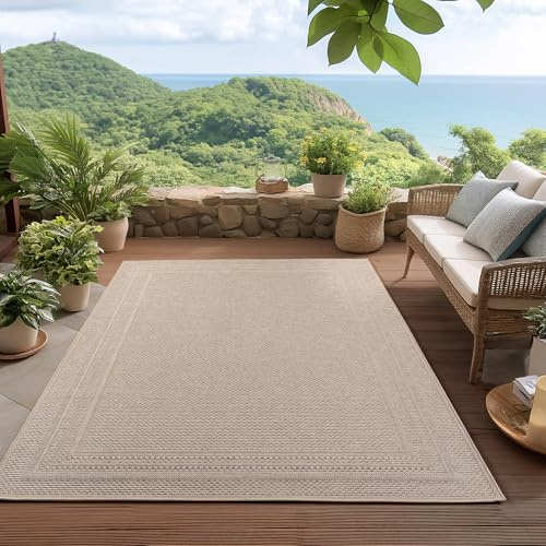 HomebyHome Alfombra Exterior y Interior 140 x 200 cm Beige Resistente a la Intemperie, Impermeable - Alfombra de Cocina Robusta, a los Rayos UV - Ideal para Terraza, Balcón, Jardín y el salón