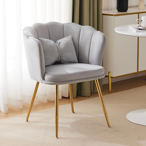 Generisk sammetsfåtölj med kronblad ryggstöd – ergonomisk fåtölj med guldpläterade ben och nackkudde för vardagsrum, sovrum, matplats – 150 kg lastkapacitet, enkel montering