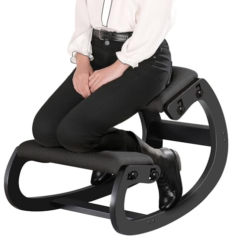 Predawn Adjustable Ergonomic Kneeling Chair – Custom Height Rocking Stool with Thick Cushions, Solid Wood Frame, and Knee Support. Ideal for Office Work or Meditation (Black)