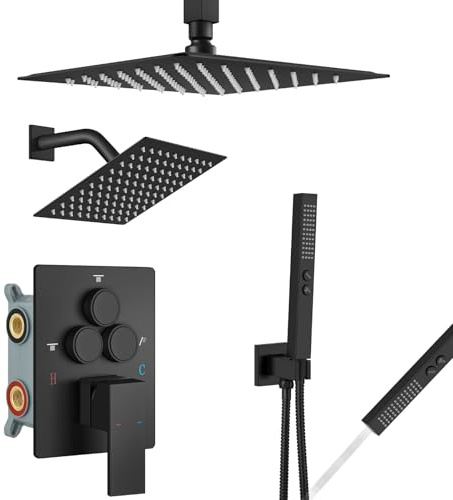 Ensemble de robinetterie de douche avec inverseur à bouton-poussoir pour montage au plafond, double pommeau de douche 10 et 6 pouces, douchette 2 en 1, robinetterie encastrée et kit de finition noi