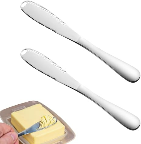 2 Stück Buttermesser & Dekoriermesser,Butterstreuer Messer,Buttercurler Edelstahl Käsemesser Set,Edelstahl Buttermesser,Messer mit Wellenschliff&Schlitz-Struktur für Butterlocken,Garnieren,Schneiden.